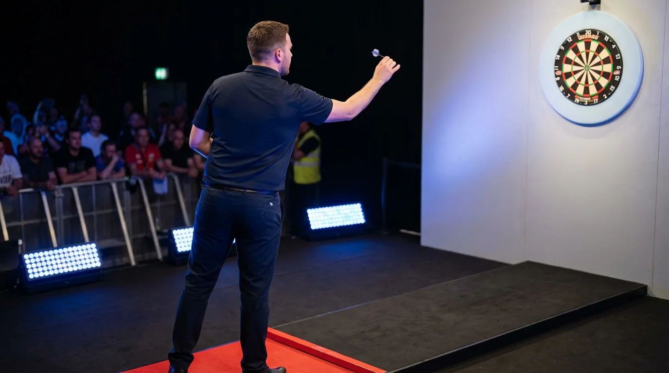 Professional darts player throwing from the oche during a PDC 501 match